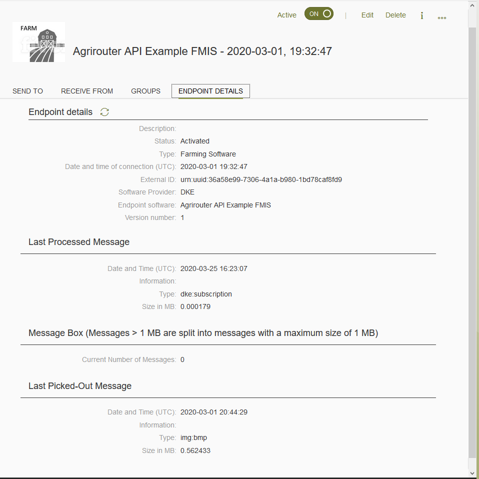 Endpoint information used with agrirouter