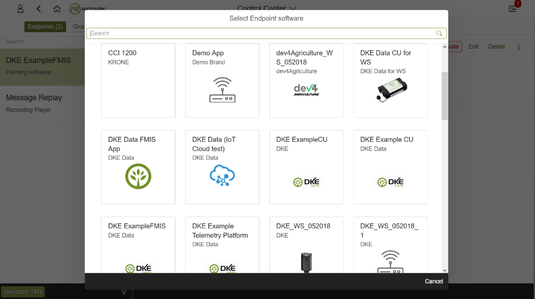 Requesting a registration code in agrirouter UI
