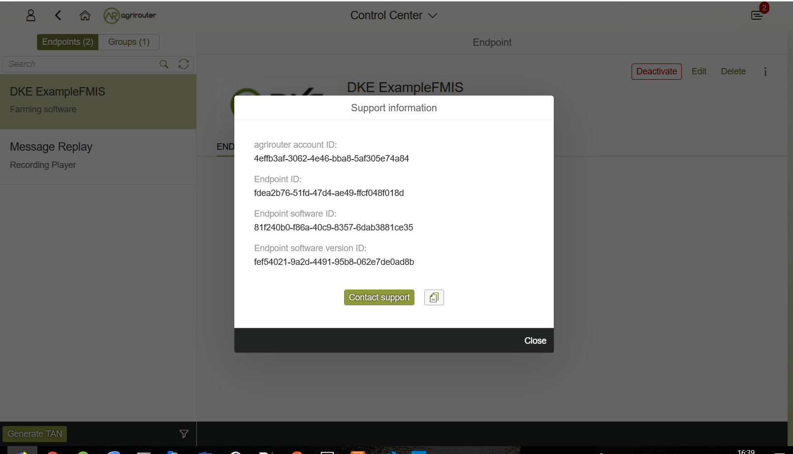 Endpoint information used with agrirouter