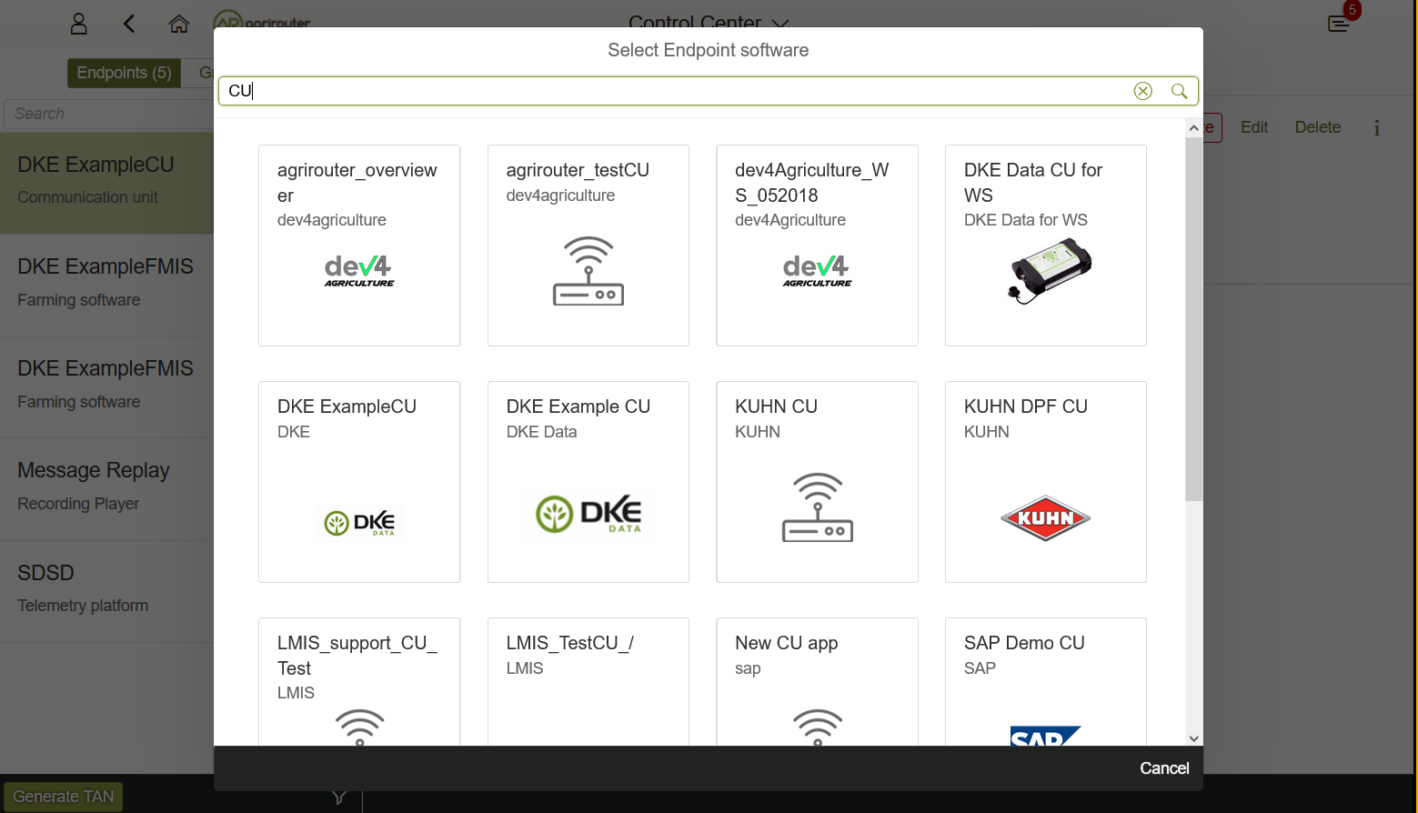 Requesting a registration code in agrirouter UI