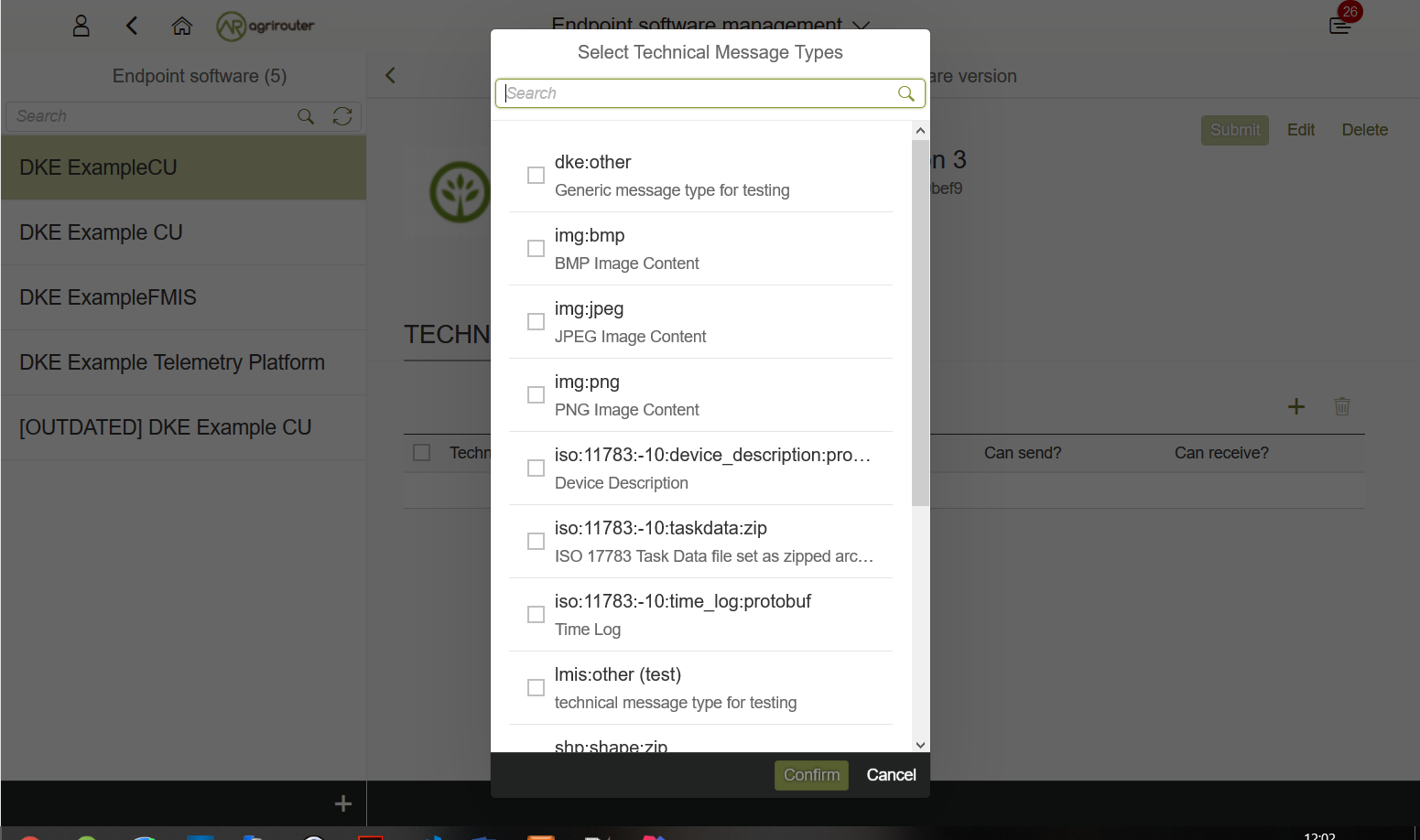 Selecting technical message types in the agrirouter UI